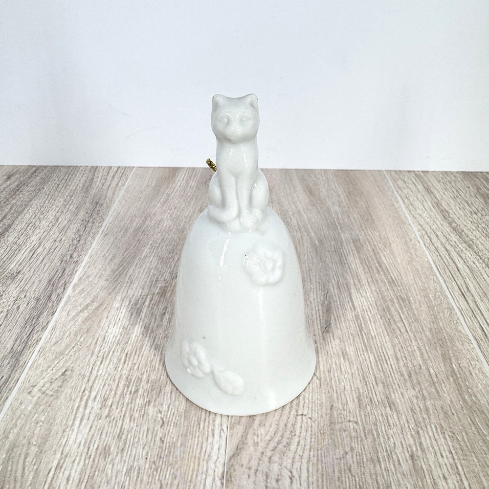 White Ceramic Cat Hand Bell Figurine Raised Floral Design Collectible Decor
